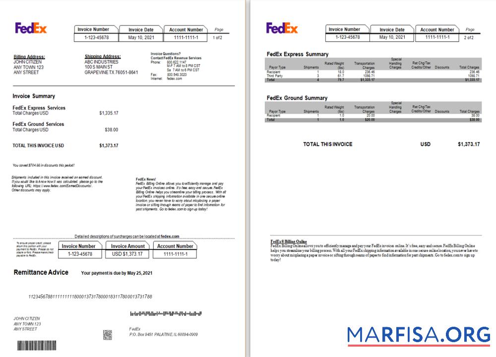 Printable USA Fedex invoice example